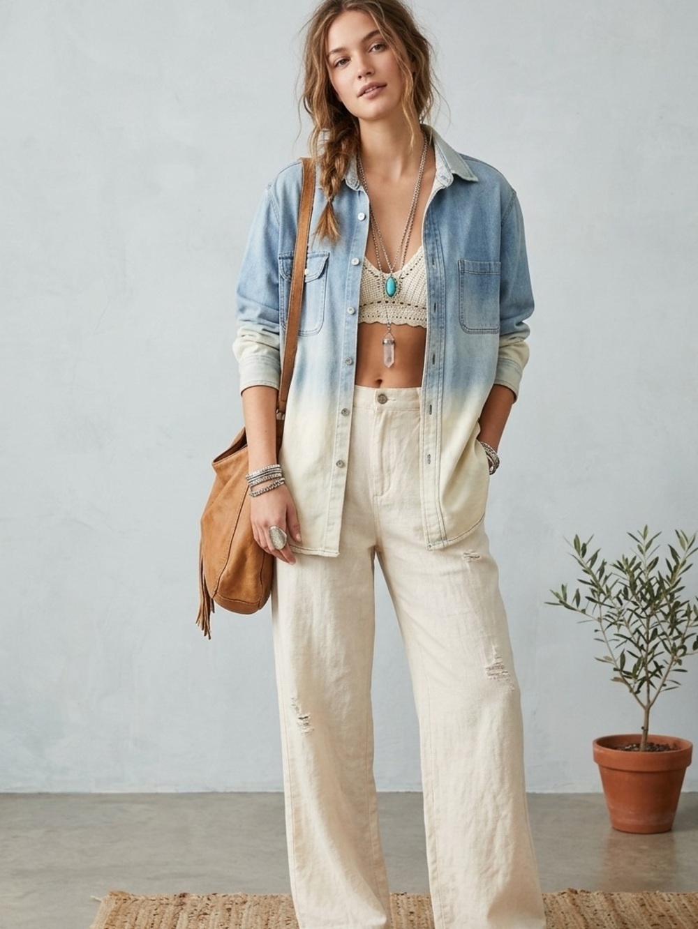 Bleach dipped Light Wash Ombre Denim Shirt Jacket Shacket